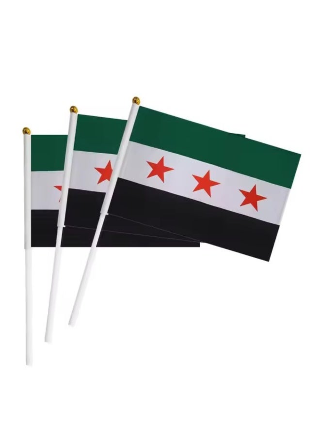 علم سوريا الوطني حجم A5 يدوي مع عصا – قماش بالألوان الأحمر والأبيض والأسود مع نجوم خضراء – عبوة 5 قطع - Image 2
